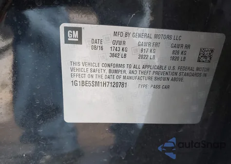 2017 Chevrolet Cruze Lt Auto z USA, uszkodzony, nr VIN 1G1BE5SM1H7120781